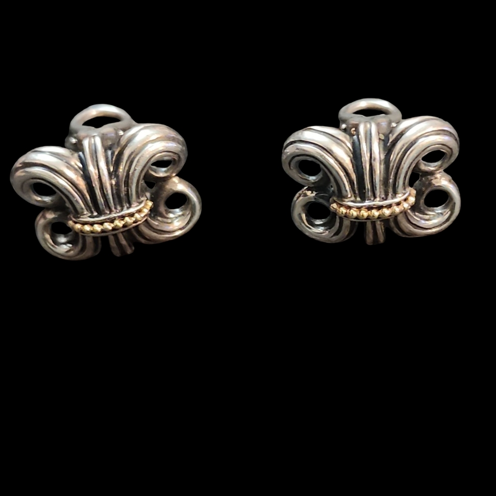 Lagos Sterling Silver 18K Yellow Gold Caviar Wheat Scroll Clip On Earrings - Picture 8 of 9